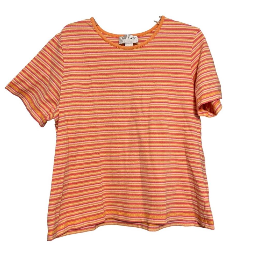 Sport Savvy Womens Tshirt Orange XL Striped Cotton Stretch Short‎ Sleeve Tee